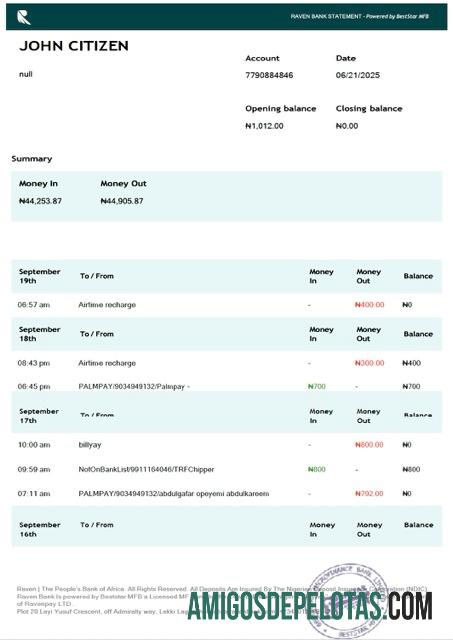 Modelo realista de extrato bancário Raven da Nigéria em Word e PDF